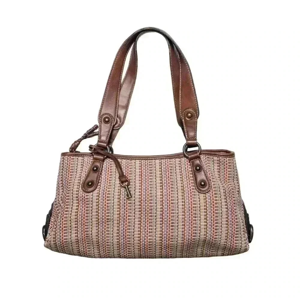 Fossil Multicolor Basket Weave Shoulder Bag Brown Leather Boho Y2K Aesthetic
